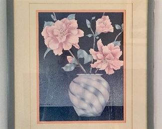 Pink flowers in a blue striped vase: $65