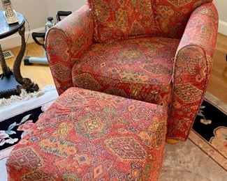 Item 62:  Pier 1 Chair & Ottoman: Both show some signs of wear: $225                                                                                    
Chair - 30" x 23" x 35.5" tall                                                                            Ottoman - 20" x 20" x 16" tall