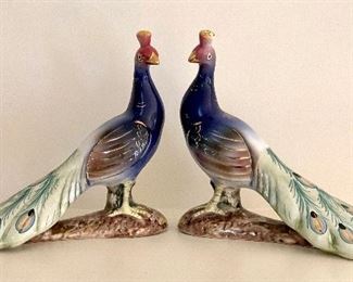 Item 83:  Vintage Alcobaca Pair of Porcelain Peacock Bird Figurines - 9" x 7.5": $85