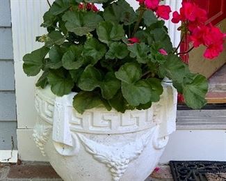 Item 91:  (2) Vintage Stone Urns with Greek Key Detail  - 17.5" x 17" tall: $125 ea