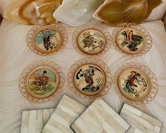 Lot of coasters, shell, wood and alabaster dishes: $14