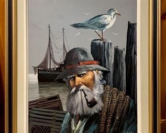 Item 115:  Painting of weathered looking codger with seagull - 33" x 40":  $65