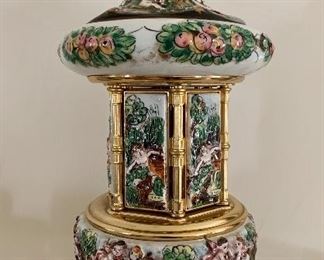 Item 128:  Capodimonte Music Box Porcelain Cigarette Holder Music Carousel Tobacciana Brevettato  - 16": $175