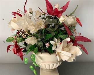 Red and White flowers in white pedestal base: $14
