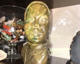 With a bright flash you can see the dark green and light green coloring . You can see the details of the carving . The art capture the beauty of the young women. Brown / Green/ Yellow Verdite Created by an Art from Zambia $450
