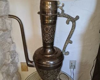Very large made in India or Moroccan  Coffee / Tea pot converted into a Lamp Brass engraved item there are three of them. $145 . non-wired $60 each