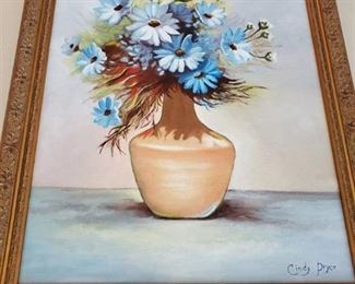 Acrylic Painting of Blue Flowers in Vase. with Gilded Frame