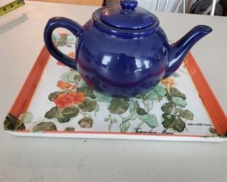 Lot with Blue Teapot and Orange Floral Tray