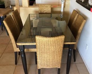 36" x 60" Black Wood/Wicker Accent/Glass Top Table w/ 6 Wicker Parsons Chairs