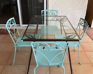 32" x 48" Brown Wrought Iron/Glass Table w/ 2 Wrought Iron Captain's Chairs, 2 WI Side Chairs