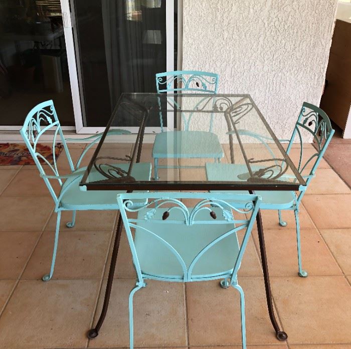 32" x 48" Brown Wrought Iron/Glass Table w/ 2 Wrought Iron Captain's Chairs, 2 WI Side Chairs