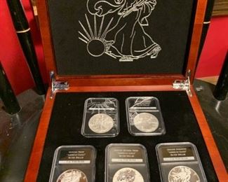 Complete Set of AMERICAN EAGLE Silver Dollars in Decorative Locking Wood Box Display
