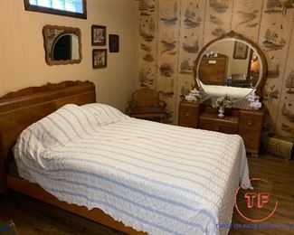 1930’s ART DECO Waterfall Bedroom Set: Vanity with Chair, Bed, and Tall Boy Dresser - With Original BAKELITE Pulls