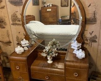 1930’s ART DECO Waterfall Bedroom Set: Vanity with Chair, Bed, and Tall Boy Dresser - With Original BAKELITE Pulls