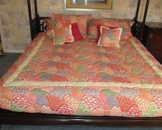 Custom spread and pillows for king size Oriental decor bed. 