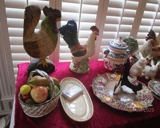Roosters, Platters, rabbits, glass fruits and fun serving and decorative decor. 