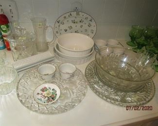 Crystal and glass platters and misc serving pieces.  2 Spode ramikins. 