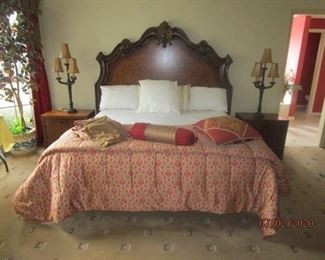King Size bed, traditional style.  Custom bedding,  Pair lamps, night stands. Posturepedic "like" support mattress.  