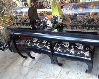 Black lacquer console table with pair of ming style benches.