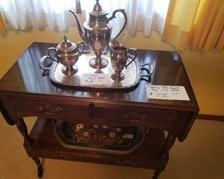 Cherry Tea Cart & Silver Tea Set