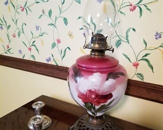 Sterling Silver Candlesticks & Antique Oil Lamp