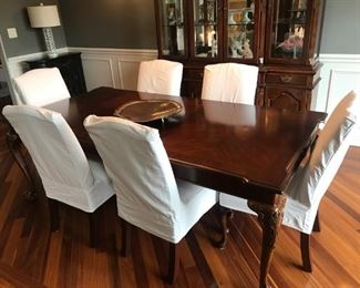 Walter E Smithe table, 2 leafs, pads, 6 chairs - original gold upholstery under slip covers in excellent condition!