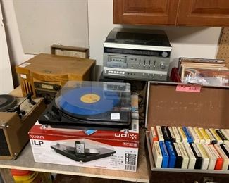 Garage: Phonographs, radios, 8 track tapes, old records