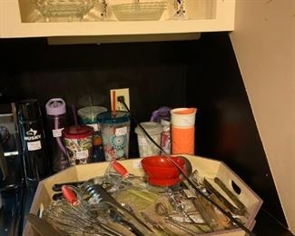 Kitchen: Beaded martini glasses, insulated drinking glasses, tray of cooking utensils