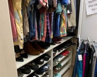 Master Closet:  Men's clothing in Medium, Large, and Extra Large.  Men's shorts in all sizes beginning with 36. Women's shoes sizes 9, 10, and 11