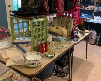 Master Bedroom: Women's purses, ash tray collection, vintage linens