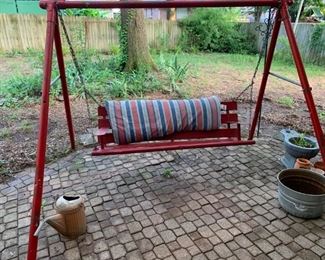 Back Porch: Vintage metal swing, watering can, wash tub, strawberry pot, clay pot, and literally a "pot" full of elephant ears (planted since this photo was taken).