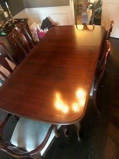 Dining Room Table w/6 Chairs (2 arm & 4 side)            
    ===> $1,200 / OBO                                                                                  Dimensions: 99" L x 44" W (w/both leaves which are included - as well as, custom table covers)
