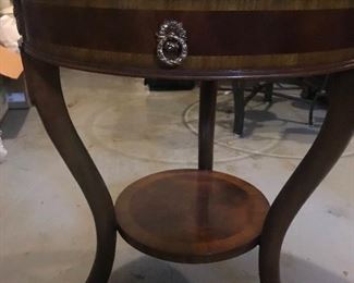 ALT VIEW: Round Maitland-Smith Table w/drawer ===> $350                            Dimensions: 24” diameter (top) 13” (bottom)