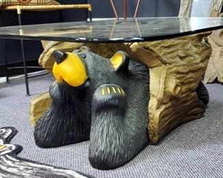 Big Sky Carvers Cast "Bud"Bear Table With Glass Top, 15" x 40" x 28", With Rubber-Backed Bear Rug