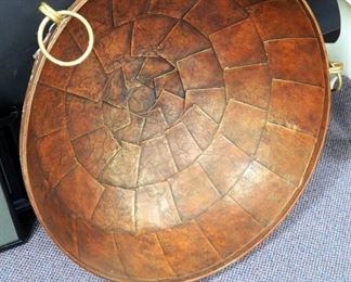 Large Decorative Paneled Copper Finish Bowl With Handles, 28.5" Round