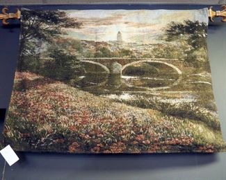 Beljen Mills 34" x 46" Tapestry Titled "Distant Village", Includes Fleur-De-Lis Hanging Dowel