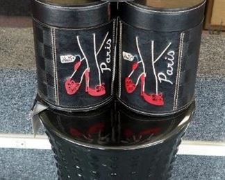 Vern Yip 18" Ceramic Sea Urchin Pedestal Table And Leather Wrapped "Paris" Canisters Qty 3