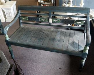 Wood Bench With Scrolled Arms And Turned Legs, 30.5" x 46" x 21"