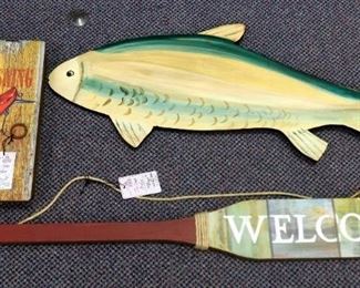 Lake/Cabin Decor Including "Gone Fishing" Wall Key Holder, Painted Wood Carp Wall Hanging, And Hanging "Welcome" Oar