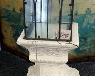 Decorative 15" Cast Plant Stand, 12" Metal Framed Glass Atrium, And Painted Doorknobs Qty 2