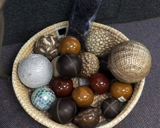 Decorative Spheres Including Glass, Leather Wrapped, Ceramic, Jeweled, And More; 24" Decorative Straw Basket Included