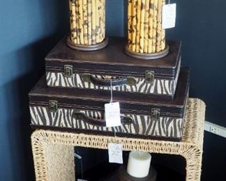 Woven Rattan Cube 21.5" x 21.5", Zebra Print Luggage, And Bamboo Candle Holder Set, Qty 6 Pieces