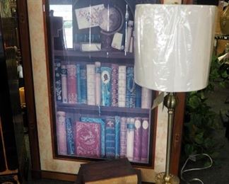 Framed Matted Under Glass Library Print, 43.5" x 29", Decorative Faux Books, And Uttermost Lighting 35" Glass And Brass Lamps Qty. 2 (One With Shade)