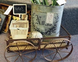 Oak And Wire Floral Cart, Decorative Basket, #2 French Tin, And Que Spaces Artificial Floral Stems