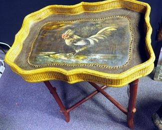 Woven Wicker And Bamboo Rooster Tray Table, 28" x 27.5" x 19"
