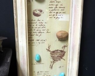 Framed Egg Shadow Box With Distressed Finish 28" x 13", Bird Nest Compote, And Giftcraft Wire Bird Candleholder