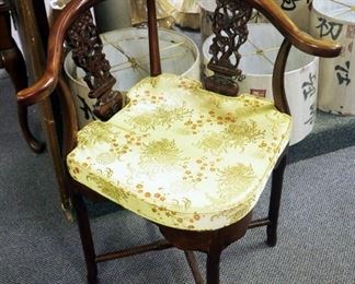 Asian Inspired Carved Wood Accent Corner Chair With Upholstered Cushion, 34" x 26.5" x 22"