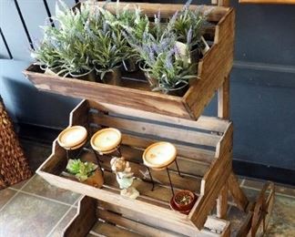 3-Tiered Wood Flower Cart Display (43" x 21.5" x 28") Including Contents Of Artificial Lavender, Terracotta Candles, And More