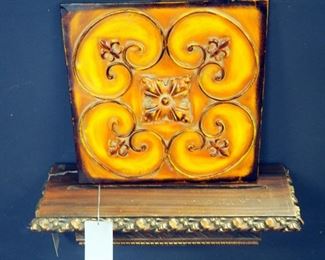 12" x 12" Metal Wall Tile Decor And 17" Carved Wood Wall Shelf