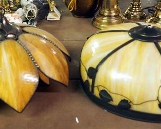 17" Stained Glass Floral Ceiling Fixture And 19" Round Opalescent Light Fixture With Metal Leaf Accents